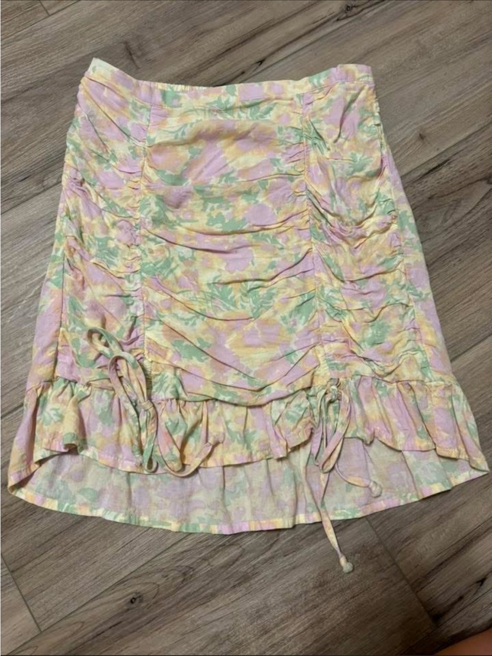 Pastel Floral Ruched Ruffle Skirt - Pink & Yellow